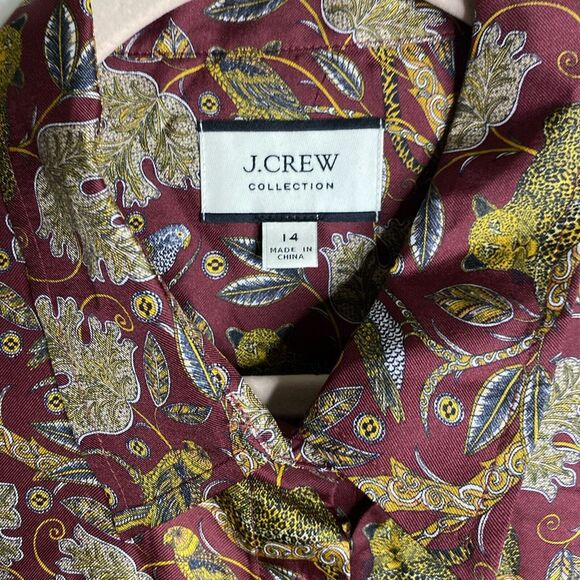 J Crew Top Womens 14 Floral Cheetah Bird Print 100% Silk Blouse Button Up Shirt - Picture 4 of 10